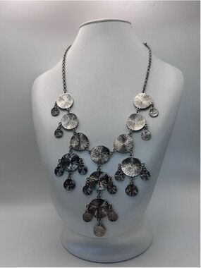 Necklace Silver Tone Textured Disc Bib Statement Multi Dangle Lobster Clasp